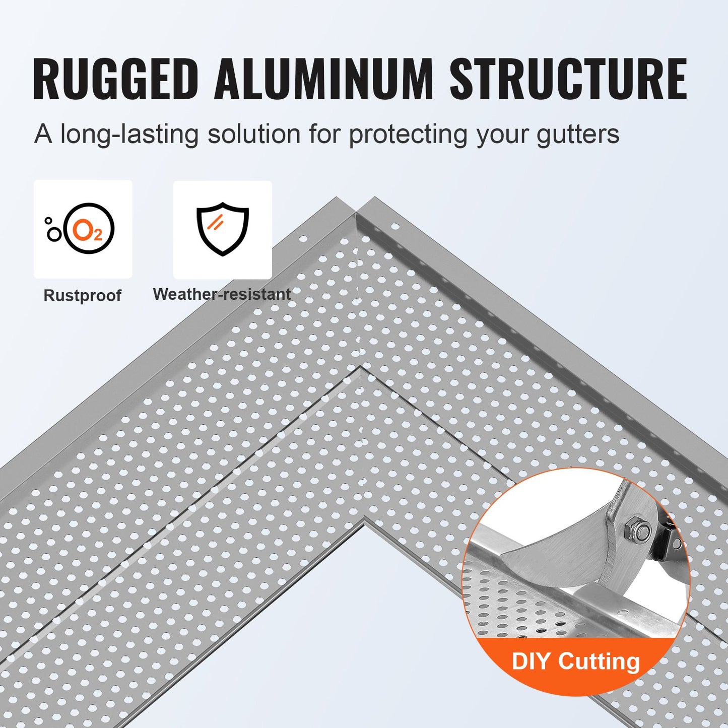 Gutter guard, 152 mm width, aluminum leaf filter Do-it-yourself gutter guard, 52 pcs 528 cm total length, 4 mm hole diameter and 0.5 mm thick Raptor gutter guards Fits all roof or gutter types