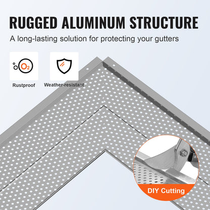 Gutter guard, 152 mm width, aluminum leaf filter Do-it-yourself gutter guard, 52 pcs 528 cm total length, 4 mm hole diameter and 0.5 mm thick Raptor gutter guards Fits all roof or gutter types