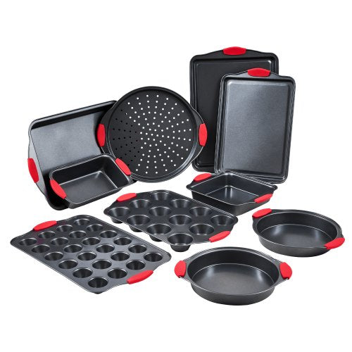 Baking Pans Set, 10-Piece, Nonstick Carbon Steel Cookware Sheets & Trays, Stackable Kitchen Oven Bakeware Cooking Sets with Silicone Handles, Easy to Clean, for Baking Cookie Cake Muffin Bread