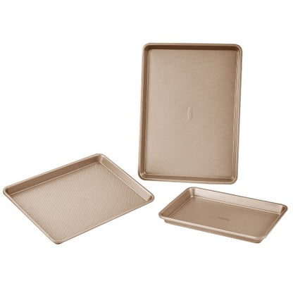 Baking Pans Set, 3-Piece, Nonstick Carbon Steel Cookware Sheets & Trays, Stackable Kitchen Oven Bakeware Cooking Sets with Silicone Handles, Easy to Clean, for Baking Cookie Cake Muffin Bread