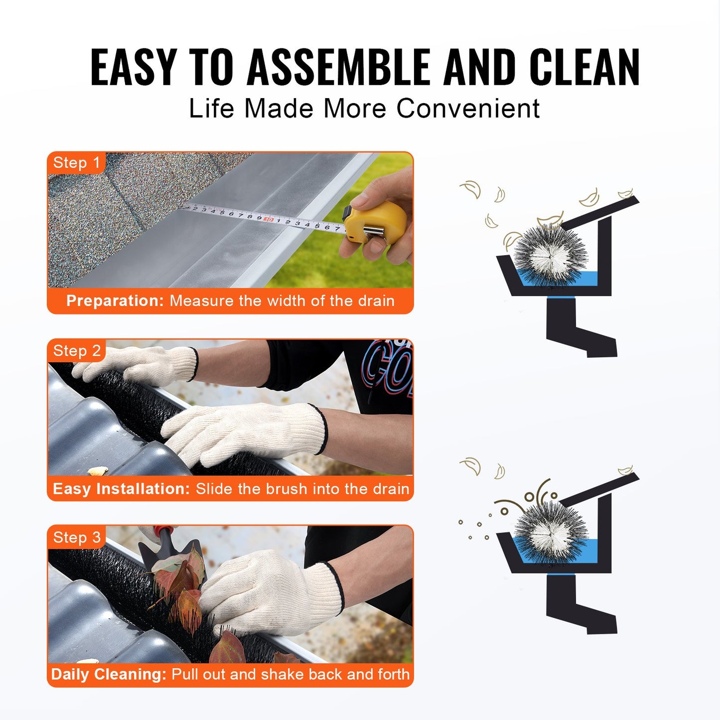 Gutter Brush, 120 Feet Total Length 4.33 inch Diameter Gutter Cleaning Tools, Ground-Level Gutter Brush Leaf Guard for 5 Inch Gutters, Easily Clear roof Leaves and Debris, 40 Pack