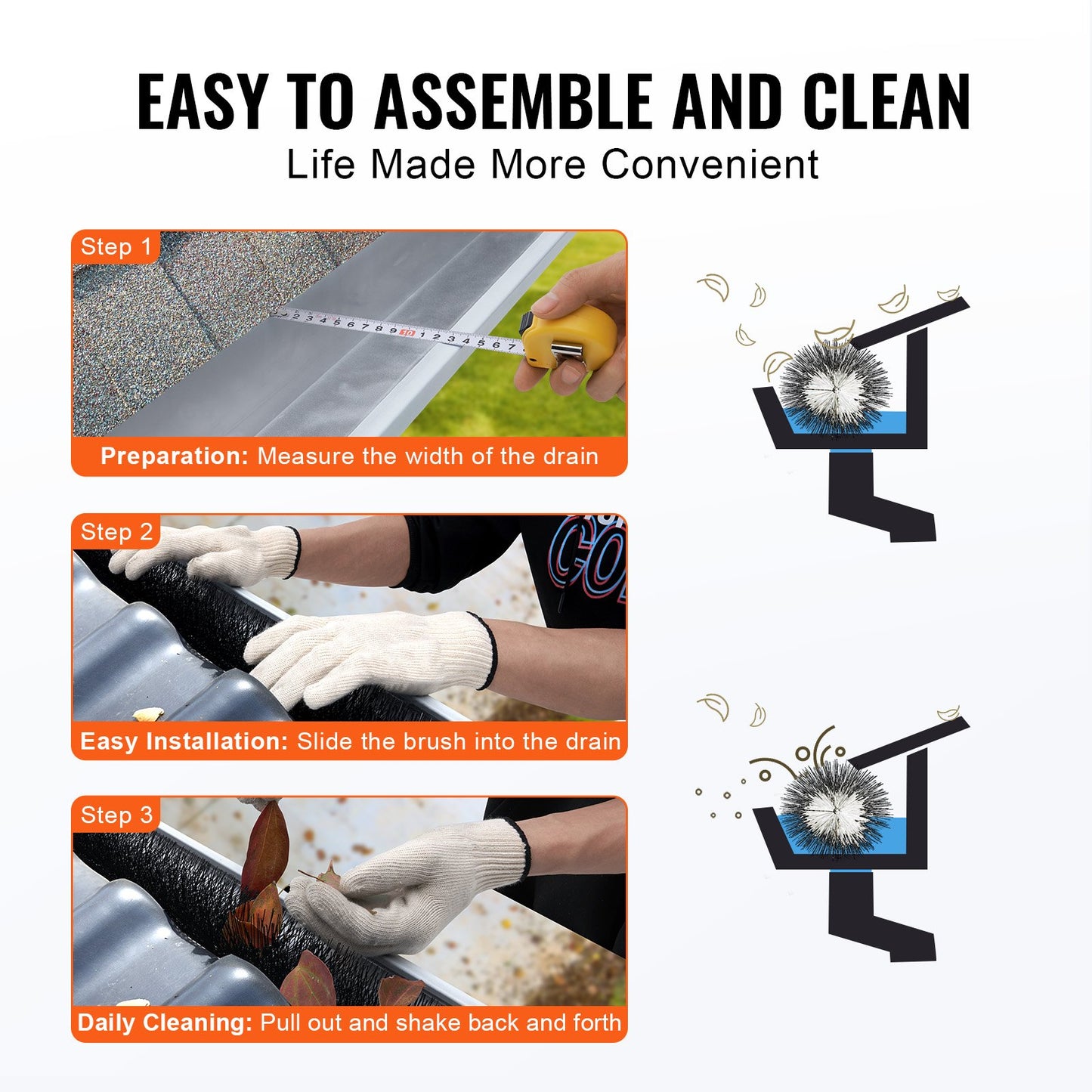 Dachrinnenbürste, 4,5 m Gesamtlänge, 10 cm Durchmesser, Dachrinnenreinigungswerkzeug, bodennahe Dachrinnenbürste, Laubschutz für 12,7 cm Dachrinnen, entfernt mühelos Blätter und Schmutz vom Dach, 5er-Pack