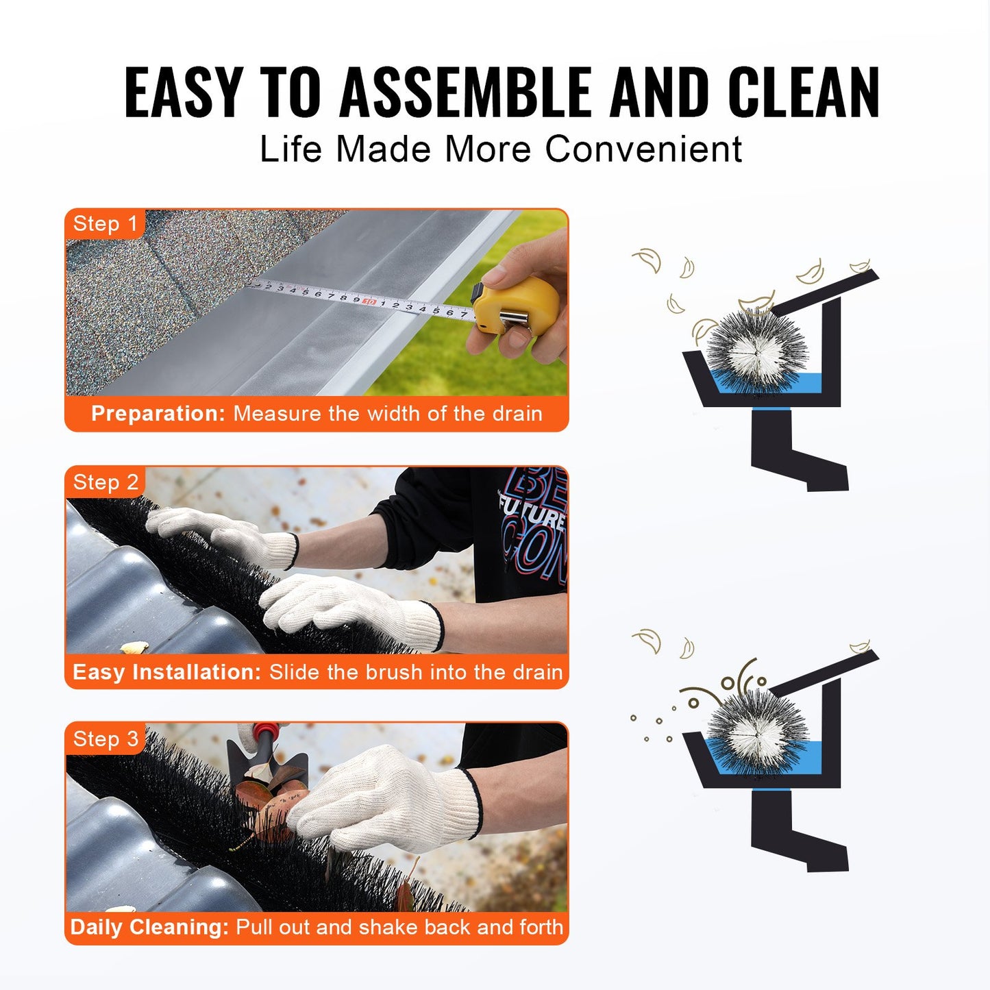 Dachrinnenbürste, 60 Fuß Gesamtlänge, 5,25 Zoll Durchmesser, Dachrinnenreinigungswerkzeug, bodennahe Dachrinnenbürste, Laubschutz für 5-Zoll-Dachrinnen, einfaches Entfernen von Blättern und Schmutz vom Dach, 20 Stück.