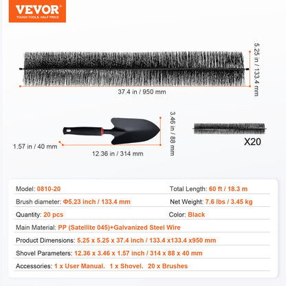 Dachrinnenbürste, 60 Fuß Gesamtlänge, 5,25 Zoll Durchmesser, Dachrinnenreinigungswerkzeug, bodennahe Dachrinnenbürste, Laubschutz für 5-Zoll-Dachrinnen, einfaches Entfernen von Blättern und Schmutz vom Dach, 20 Stück.