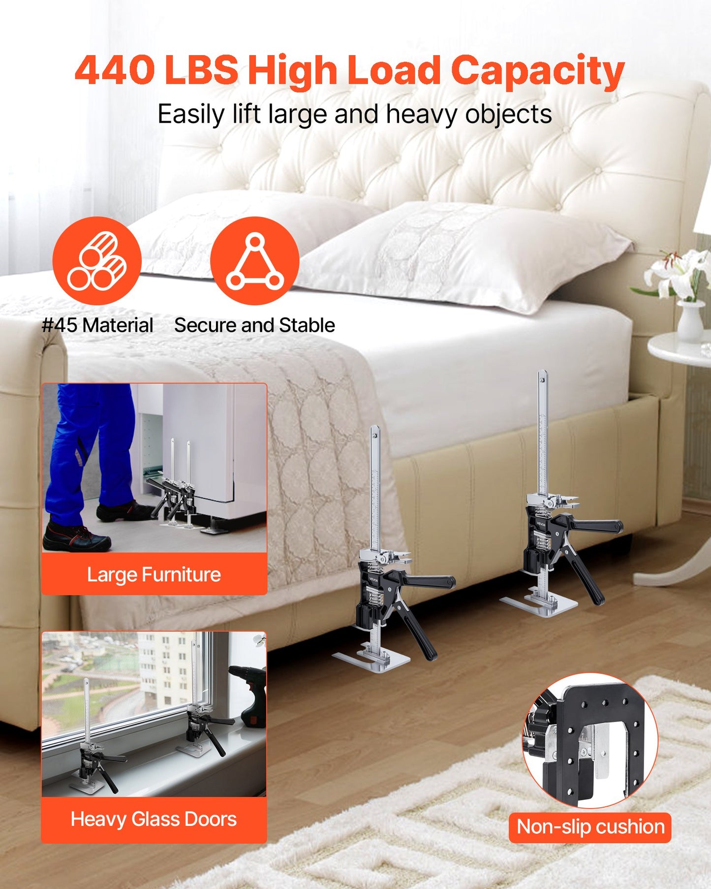 Labor Saving Arm Jack, 2 PCS 440 lbs Bearing Capacity, Lifting up to 9.3", Metal Hand Lifting Jack Tool with Magnetic Level, 2 Adjustment Modes, for Door, Window, Furniture, Woodworking, Black