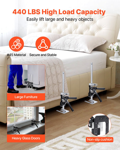 Labor Saving Arm Jack, 2 PCS 440 lbs Bearing Capacity, Lifting up to 9.3", Metal Hand Lifting Jack Tool with Magnetic Level, 2 Adjustment Modes, for Door, Window, Furniture, Woodworking, Black