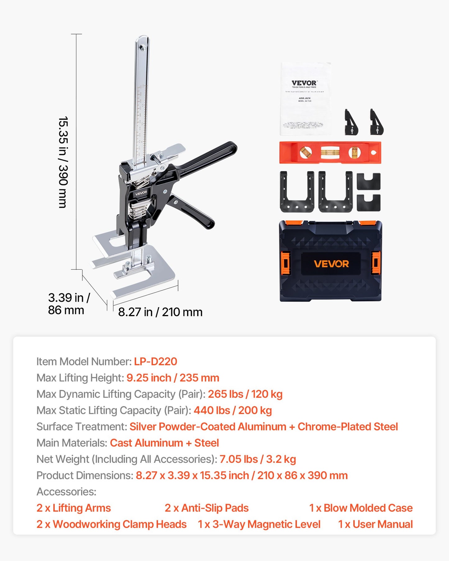 Labor Saving Arm Jack, 2 PCS 440 lbs Bearing Capacity, Lifting up to 9.3", Metal Hand Lifting Jack Tool with Magnetic Level, 2 Adjustment Modes, for Door, Window, Furniture, Woodworking, Black
