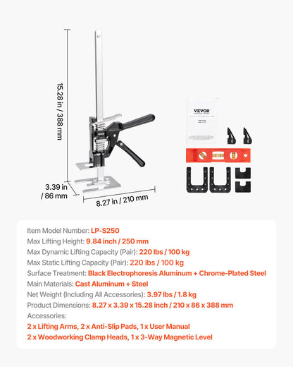 Labor Saving Arm Jack, 2 PCS 330 lbs Bearing Capacity, Lifting up to 9.8", Metal Hand Lifting Jack Tool with Magnetic Level, Adjustable Height, for Door, Window, Furniture, Woodworking, Black