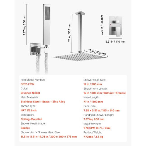 Duschmischer-Set 30 cm quadratisch Regendusche Kopf- und Handbrause Set Nickel gebürstet