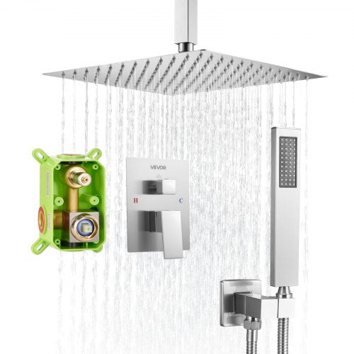 Shower Faucet Set, Rainfall Bathroom Shower System with 12-Inch Square Rain Shower Head and Handheld Spray, Ceiling Mount Bath Fixtures with Brass Valve and Trim Kit, Brushed Nickel