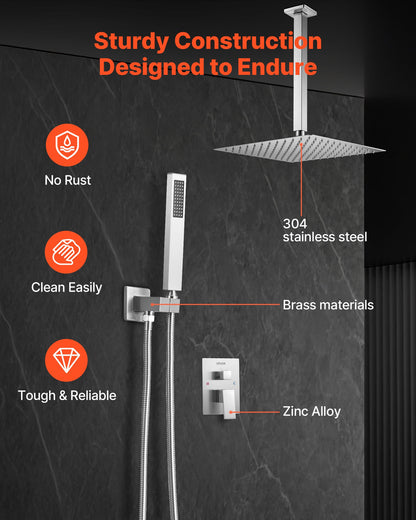 Shower Faucet Set, Rainfall Bathroom Shower System with 12-Inch Square Rain Shower Head and Handheld Spray, Ceiling Mount Bath Fixtures with Brass Valve and Trim Kit, Brushed Nickel