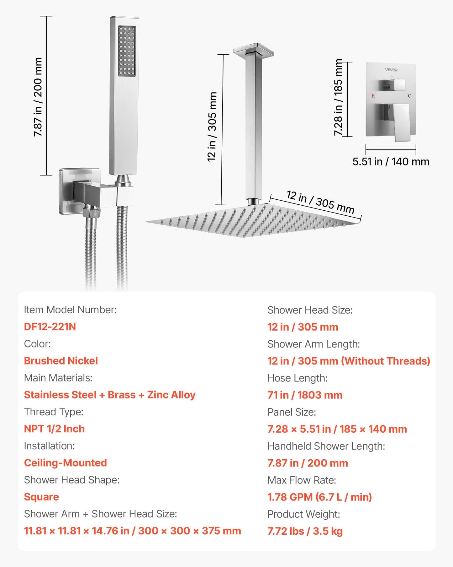 Shower Faucet Set, Rainfall Bathroom Shower System with 12-Inch Square Rain Shower Head and Handheld Spray, Ceiling Mount Bath Fixtures with Brass Valve and Trim Kit, Brushed Nickel