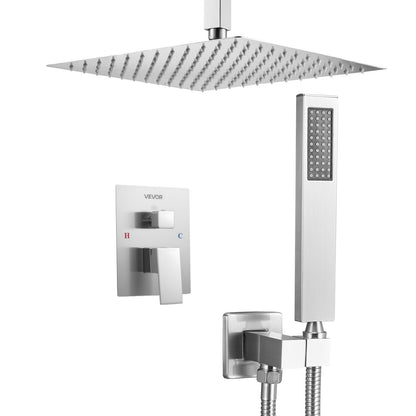 Shower Faucet Set, Rainfall Bathroom Shower System with 12-Inch Square Rain Shower Head and Handheld Spray, Ceiling Mount Bath Fixtures with Brass Valve and Trim Kit, Brushed Nickel