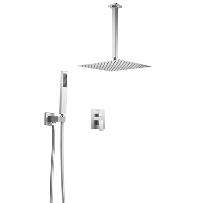 Shower Faucet Set, Rainfall Bathroom Shower System with 12-Inch Square Rain Shower Head and Handheld Spray, Ceiling Mount Bath Fixtures with Brass Valve and Trim Kit, Brushed Nickel