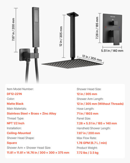 Shower Faucet Set, Rainfall Bathroom Shower System with 12-Inch Square Rain Shower Head and Handheld Spray, Ceiling Mount Bath Fixtures with Brass Valve and Trim Kit, Matte Black