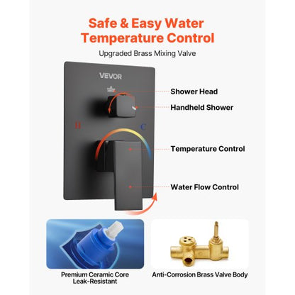 Duschmischer-Set 30 cm quadratischer Regenduschkopf und Handbrause-Set mattschwarz | EU