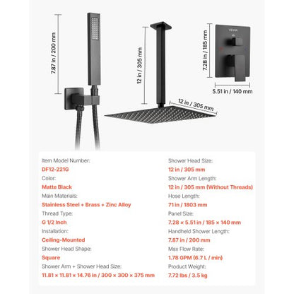 Duschmischer-Set 30 cm quadratischer Regenduschkopf und Handbrause-Set mattschwarz | EU