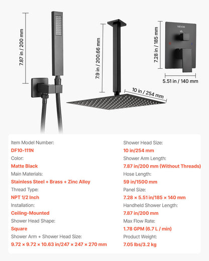 Shower Faucet Set, Rainfall Bathroom Shower System with 10-Inch Square Rain Shower Head and Handheld Spray, Ceiling Mount Bath Fixtures with Brass Valve and Trim Kit, Matte Black
