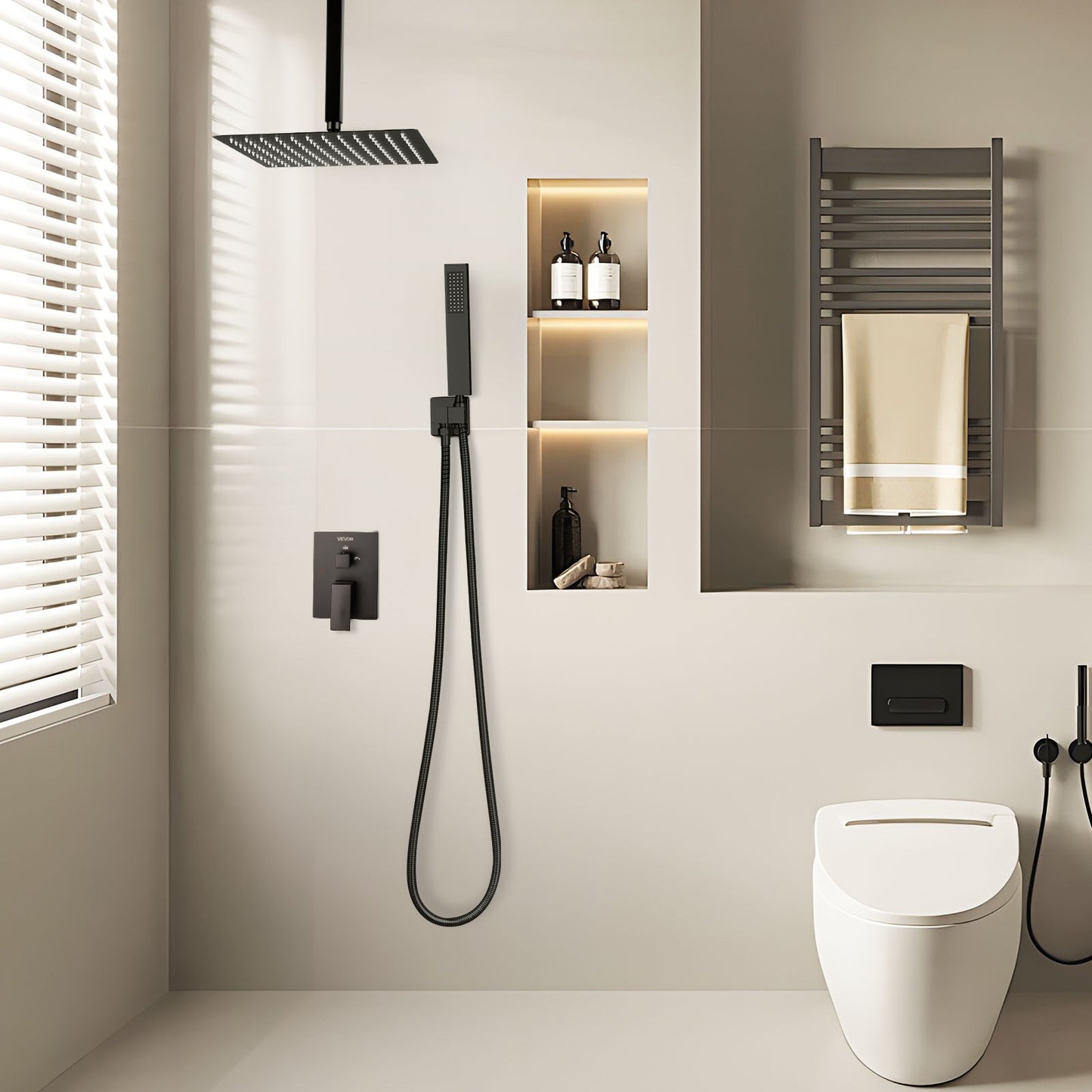 Shower Faucet Set, Rainfall Bathroom Shower System with 10-Inch Square Rain Shower Head and Handheld Spray, Ceiling Mount Bath Fixtures with Brass Valve and Trim Kit, Matte Black