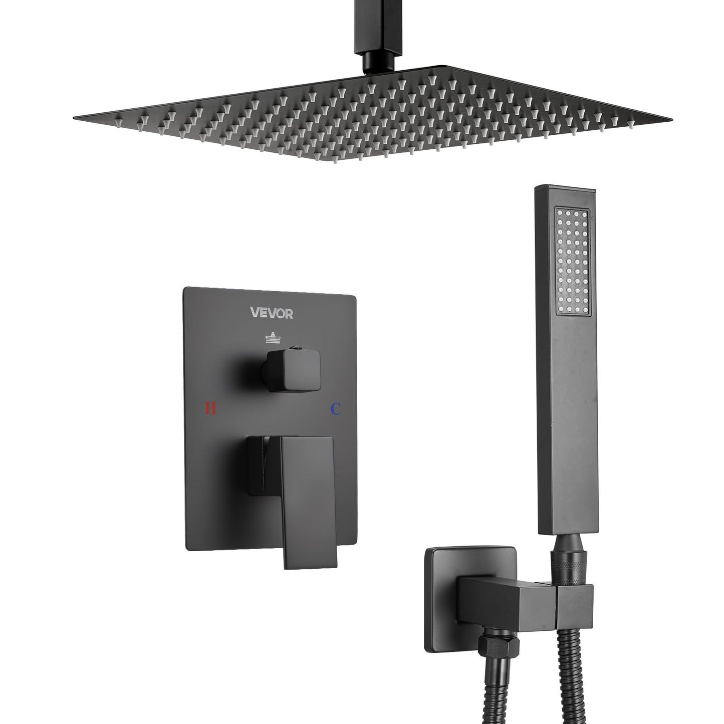 Shower Faucet Set, Rainfall Bathroom Shower System with 10-Inch Square Rain Shower Head and Handheld Spray, Ceiling Mount Bath Fixtures with Brass Valve and Trim Kit, Matte Black
