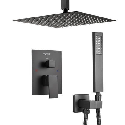 Shower Faucet Set, Rainfall Bathroom Shower System with 10-Inch Square Rain Shower Head and Handheld Spray, Ceiling Mount Bath Fixtures with Brass Valve and Trim Kit, Matte Black