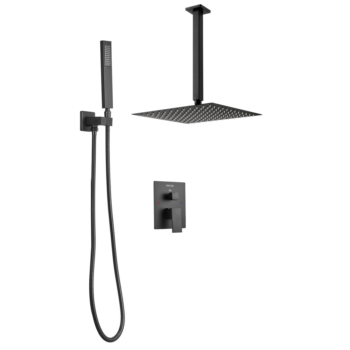 Shower Faucet Set, Rainfall Bathroom Shower System with 10-Inch Square Rain Shower Head and Handheld Spray, Ceiling Mount Bath Fixtures with Brass Valve and Trim Kit, Matte Black