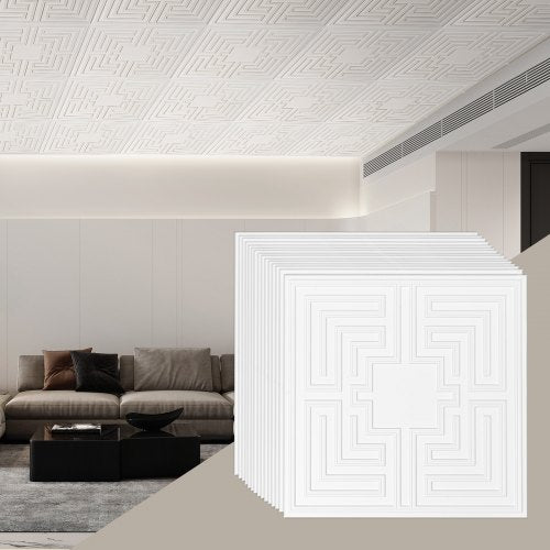 Ceiling Tiles, 12-Pack 24 x 24 in, Drop Ceiling Tiles Premium PVC Sheet, Easy Installation/ Cutting Plastic Glue-up Ceiling Tile, Ceiling Covering for Home/Office Decoration, White Echo Pattern