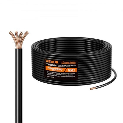 12 AWG THHN Wire, 19-Stranded, 100% OFC Copper Electrical Building Wire with Nylon Jacket, Rated for Up to 600 Volts, for Indoor Outdoor Use, Commercial, Industrial, Residential, Black (100 ft)