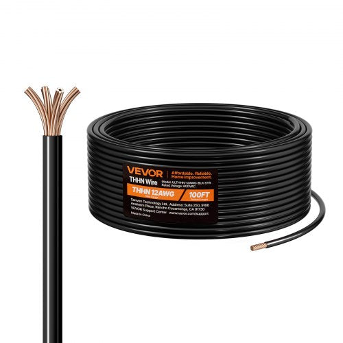 12 AWG THHN Wire, 19-Stranded, 100% OFC Copper Electrical Building Wire with Nylon Jacket, Rated for Up to 600 Volts, for Indoor Outdoor Use, Commercial, Industrial, Residential, Black (100 ft)
