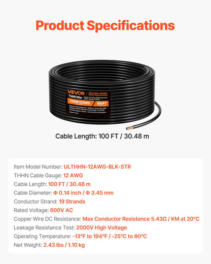 12 AWG THHN Wire, 19-Stranded, 100% OFC Copper Electrical Building Wire with Nylon Jacket, Rated for Up to 600 Volts, for Indoor Outdoor Use, Commercial, Industrial, Residential, Black (100 ft)