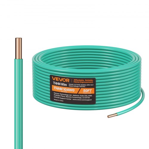 10 AWG Solid THHN Wire, 100% OFC Copper Electrical Building Wire with Nylon Jacket PVC Insulation, Rated for Up to 600 Volts, Heavy-Duty for Residential, Industrial, Commercial, Green (50 Feet)