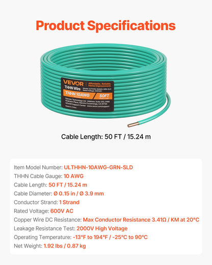 10 AWG Solid THHN Wire, 100% OFC Copper Electrical Building Wire with Nylon Jacket PVC Insulation, Rated for Up to 600 Volts, Heavy-Duty for Residential, Industrial, Commercial, Green (50 Feet)