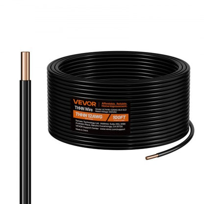 12 AWG Solid THHN Wire, 100% OFC Copper Electrical Building Wire with Nylon Jacket PVC Insulation, Rated for Up to 600 Volts, Heavy-Duty for Residential, Industrial, Commercial, Black (100 Feet)