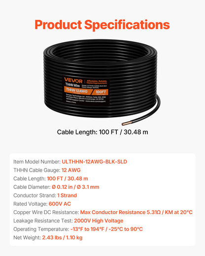 12 AWG Solid THHN Wire, 100% OFC Copper Electrical Building Wire with Nylon Jacket PVC Insulation, Rated for Up to 600 Volts, Heavy-Duty for Residential, Industrial, Commercial, Black (100 Feet)