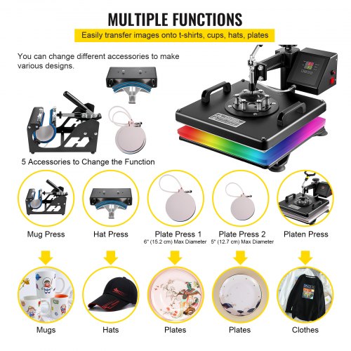 Wärmepresse 5-in-1-Heißpresse 38 x 38 cm Wärmeübertragungspresse 15 x 15 Zoll T-Shirt-Presse Multifunktionale Sublimationsmaschine für T-Shirt-Becher, Hutplattentransfer | EU