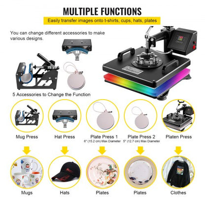 Wärmepresse 5-in-1-Heißpresse 38 x 38 cm Wärmeübertragungspresse 15 x 15 Zoll T-Shirt-Presse Multifunktionale Sublimationsmaschine für T-Shirt-Becher, Hutplattentransfer | EU