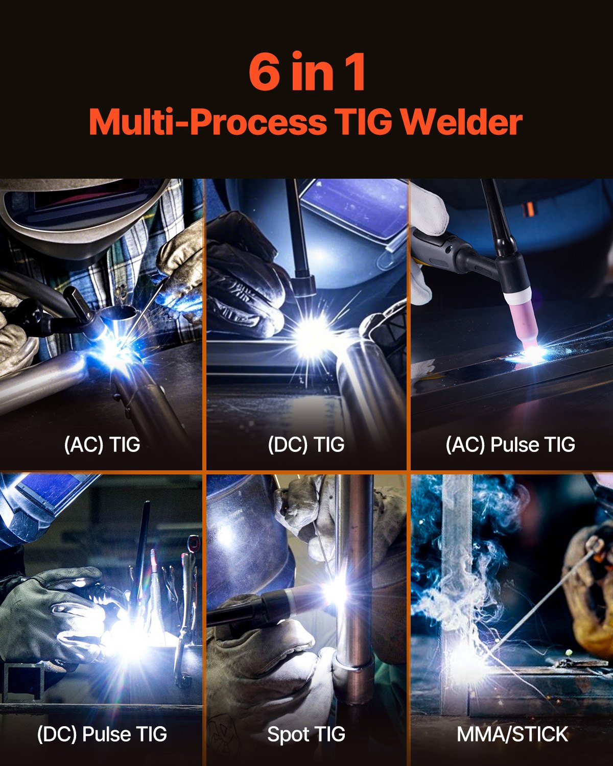 TIG Welder, 200A 6-In-1 Aluminum Welding Machine (LED Display) - AC TIG/DC TIG/AC Pulse TIG/DC Pulse TIG/Spot TIG/MMA(Stick), 110&220V Dual Voltage Electric Welder with Synergic Control IGBT