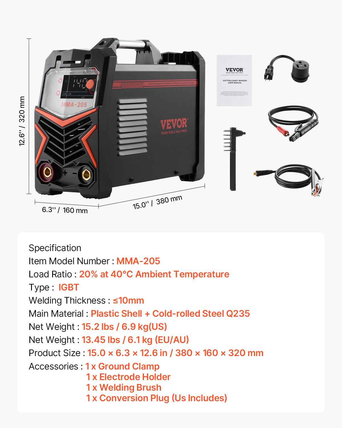 MMA Welder, 205A 2-in-1 MMA Lift TIG Stick Welding Machine, 110/220V Dual Voltage IGBT Inverter Welder Machine with Digital Display, Hot Start Arc Force Anti-Stick (Lift Torch Not Included)