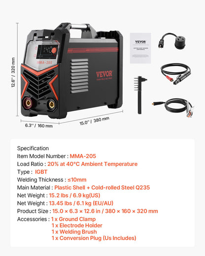 MMA Welder, 205A 2-in-1 MMA Lift TIG Stick Welding Machine, 110/220V Dual Voltage IGBT Inverter Welder Machine with Digital Display, Hot Start Arc Force Anti-Stick (Lift Torch Not Included)