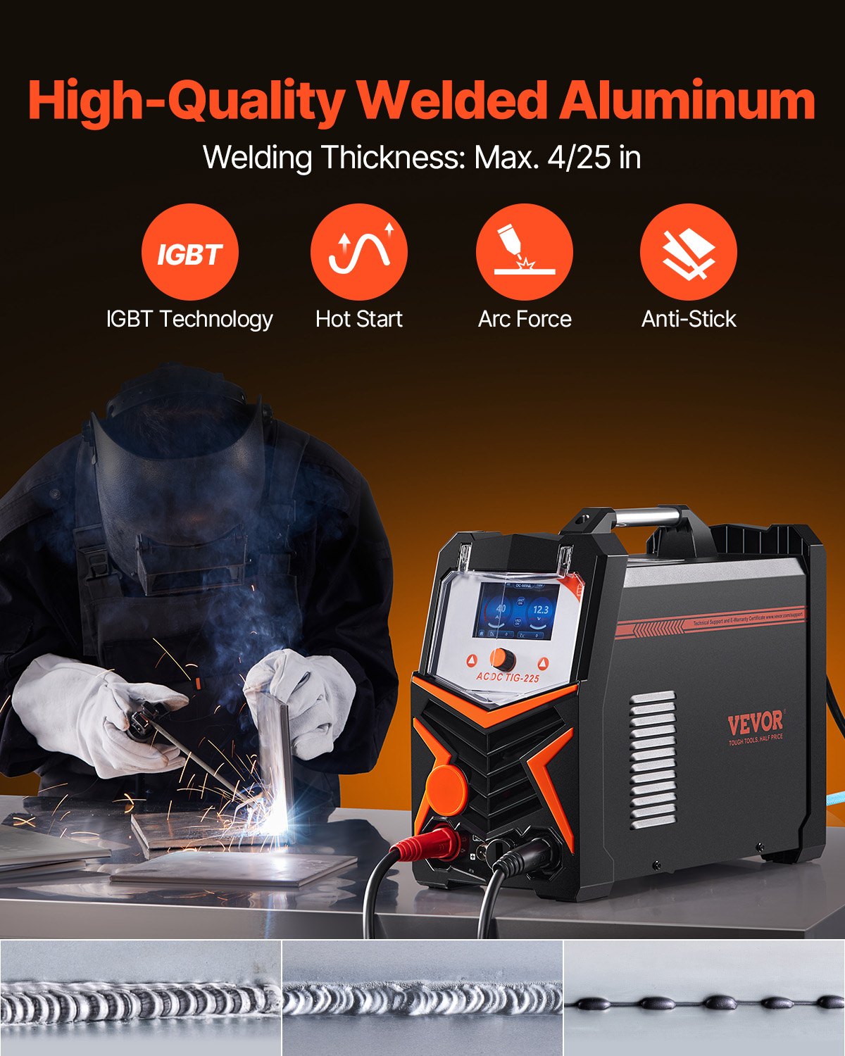 TIG Welder, 225A 6-In-1 Aluminum Welding Machine (Large LED Display)- AC TIG/DC TIG/AC Pulse TIG/DC Pulse TIG/Spot TIG/MMA(Stick), 110&220V Dual Voltage Electric Welder with IGBT Inverter