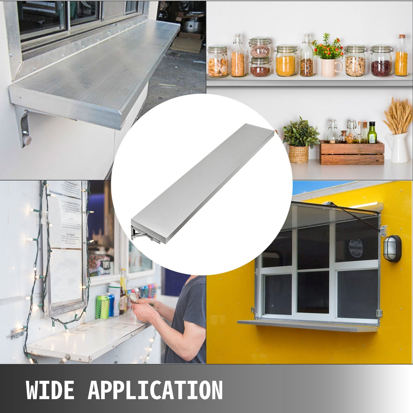 Concession Shelf 70.8L x 11.4W Inch with Stainless Steel Frame and Surface Board for Food Trailer Serving Window