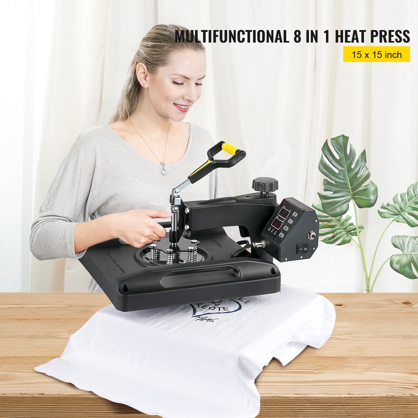 Heat Press Machine 15 x 15 Inch 8 In 1 Heat Press 1000W Sublimeringsmaskin 360° Rotation Swing Away Heat Press 8 In 1 Skjorta Tryckmaskin Dual-Tube Uppvärmning för DIY T-shirts Kepsmuggar (svart)