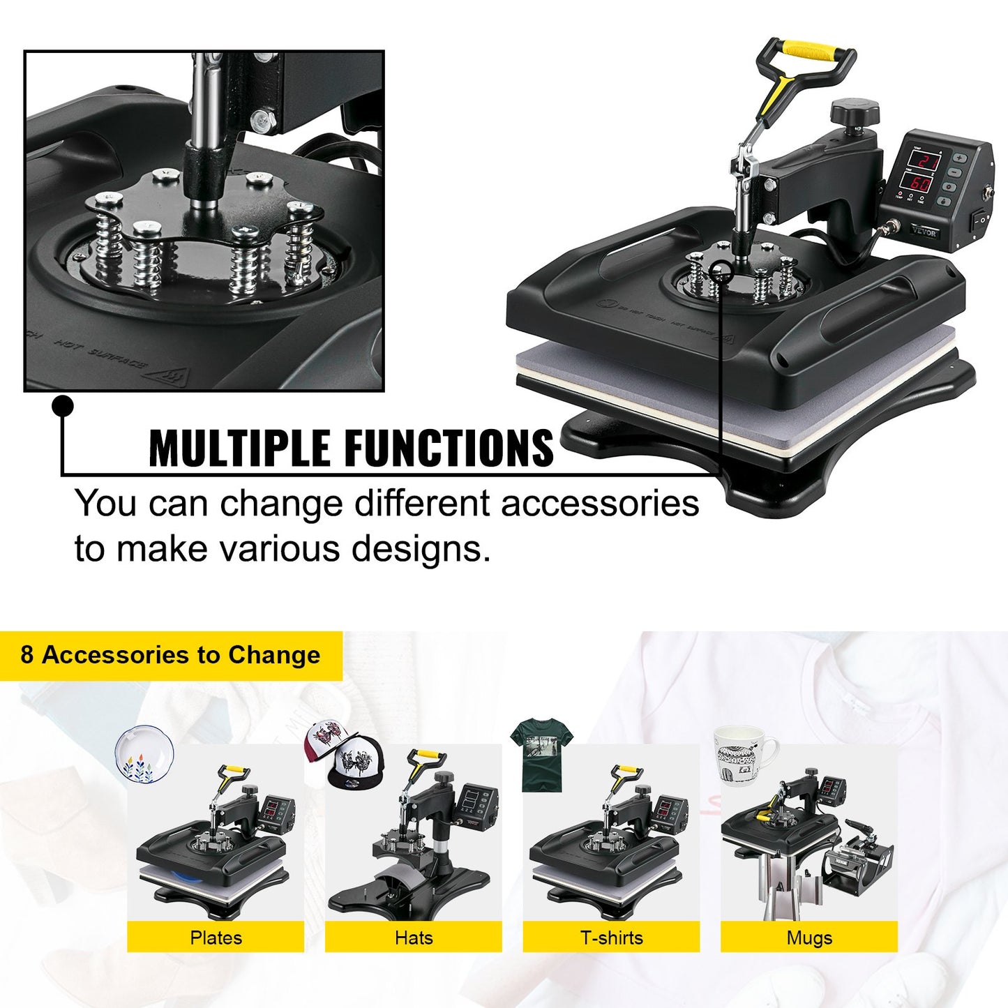 Heat Press Machine 15 x 15 Inch 8 In 1 Heat Press 1000W Sublimeringsmaskin 360° Rotation Swing Away Heat Press 8 In 1 Skjorta Tryckmaskin Dual-Tube Uppvärmning för DIY T-shirts Kepsmuggar (svart)