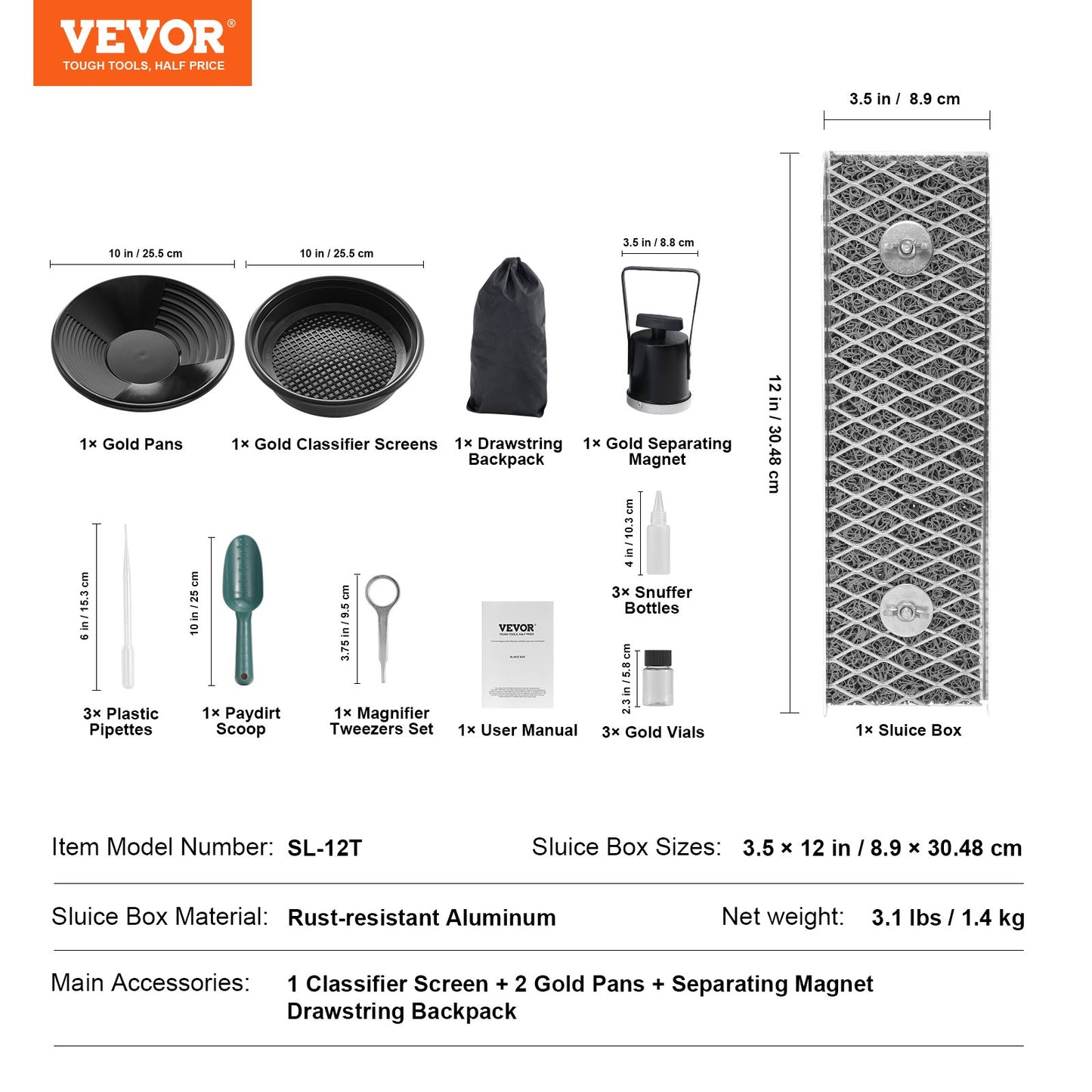 Gold Panning Kit med Mini Sluice Box, 12" Aluminium Gold Mining Utrustning, 16 ST Gold Prospecting Kit med Gold Pan, Classifier Screen, Separeringsmagnet, Dragsko Ryggsäck och tillbehör