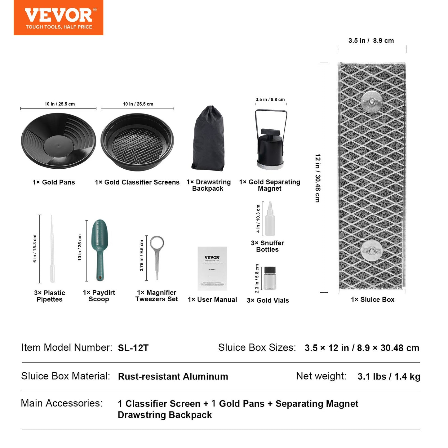Mini Sluice Box Gold Panning Kit, 12inch Aluminum Alloy Gold Mining Equipment, 16 PCS Gold Prospecting Kit with Gold Pan, Separating Magnet, Classifier Screen, Drawstring Backpack and More