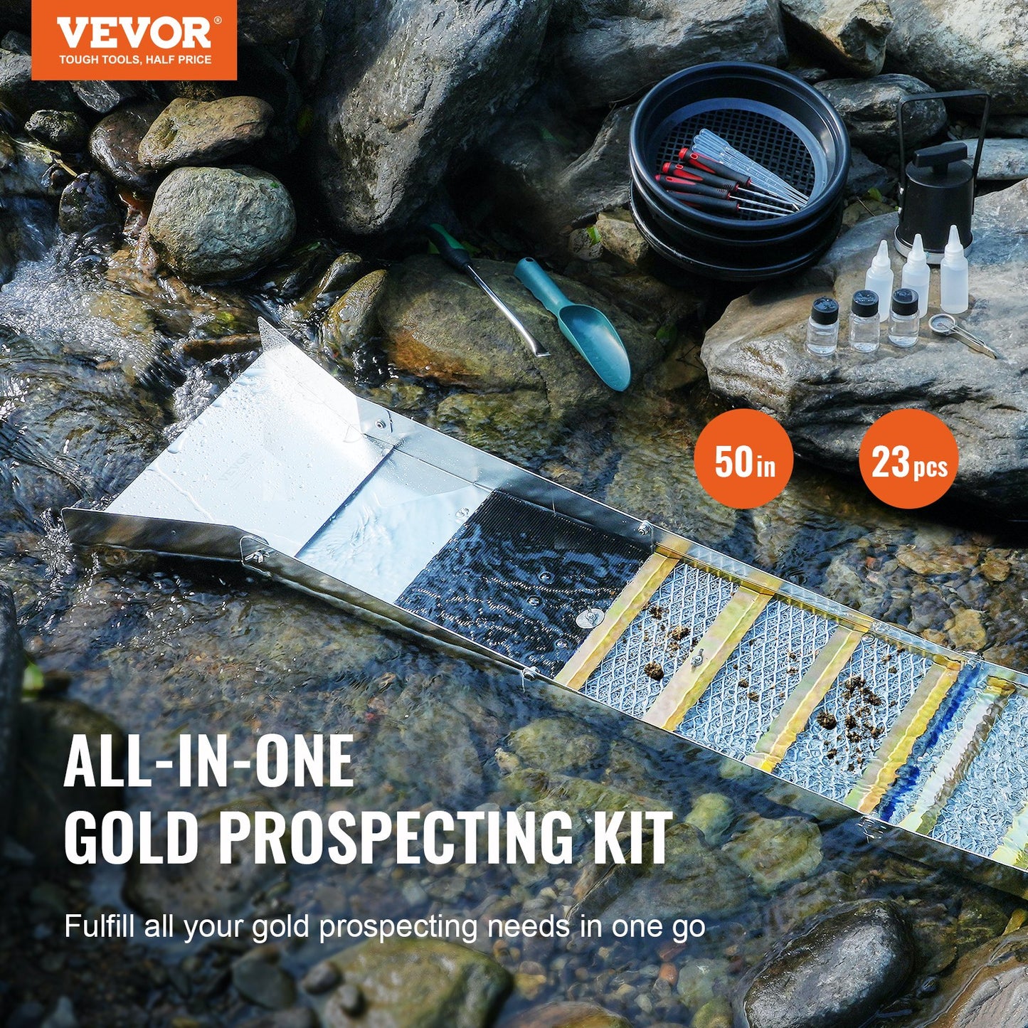 Gold Panning Kit med Sluice Box, 50" Aluminium Gold Mining Utrustning, 23 STS Gold Prospecting Kit med Gold Pan, Classifier Screen, Separations Magnet, Dragsko Ryggsäck och tillbehör