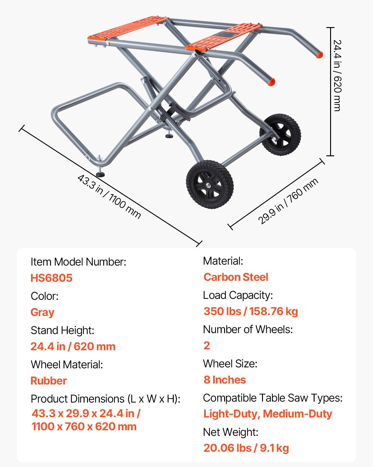 Portabelt bordssågstativ med hjul 350lbs Lastkapacitet Rullande Vikbart