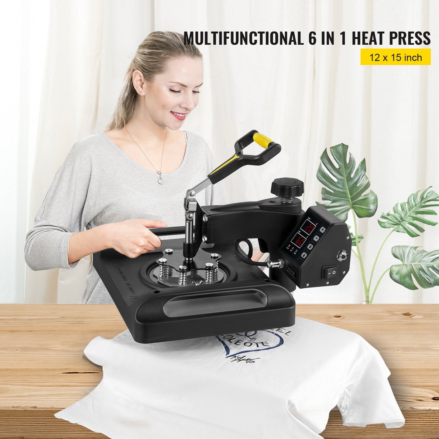Wärmepresse 12 x 15 Zoll 6-in-1-Wärmepresse 360°-Drehung Schwenkbare Wärmepresse 1000-W-Sublimationsmaschine 6-in-1-Schwarzhemd-Druckmaschine Doppelrohrheizung für DIY-Tassen, Kappen, T-Shirts