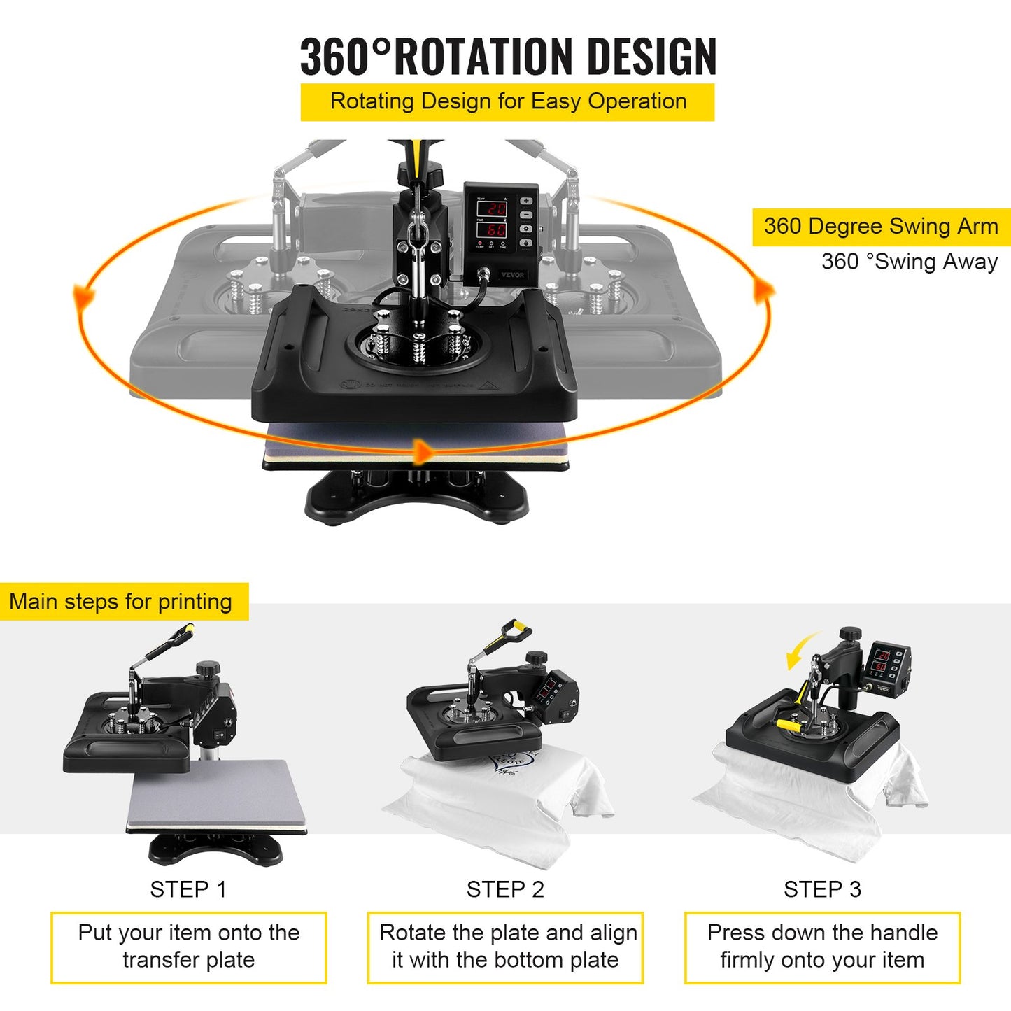 Wärmepresse 12 x 15 Zoll 6-in-1-Wärmepresse 360°-Drehung Schwenkbare Wärmepresse 1000-W-Sublimationsmaschine 6-in-1-Schwarzhemd-Druckmaschine Doppelrohrheizung für DIY-Tassen, Kappen, T-Shirts