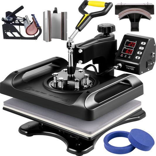 Heat Press Machine 12 x 15 Inch 6 In 1 Heat Press 360° Rotation Swing Away Heat Press 1000W Sublimationsmaskin 6 I 1 Svart Skjorta Tryckmaskin Dual-Tube Värme för DIY Muggar Cap T-shirts